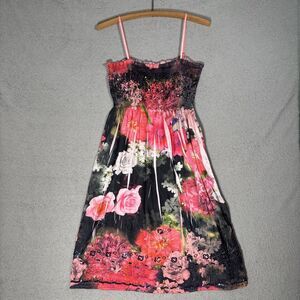 Anthropologie Lapis Mini Dress Women's Size XS Smocked Sequins Floral Roses Pink